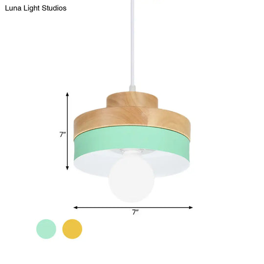 Colorful Macaron Circle/Square Down Lighting Metal Ceiling Lamp With Wood Accent - 1-Light For