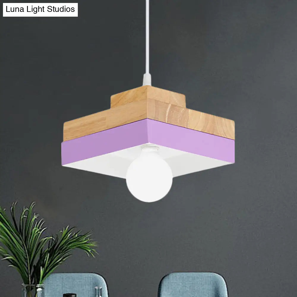 Colorful Macaron Circle/Square Down Lighting Metal Ceiling Lamp With Wood Accent - 1-Light For