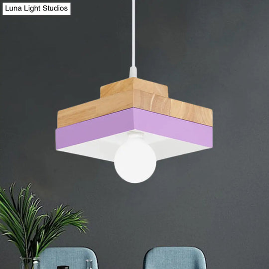 Colorful Macaron Circle/Square Down Lighting Metal Ceiling Lamp With Wood Accent - 1-Light For