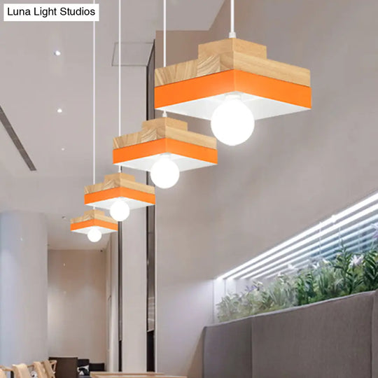 Modern Macaron Down Lighting Metal Ceiling Lamp With Colorful Wood Accents - 1-Light For Living Room