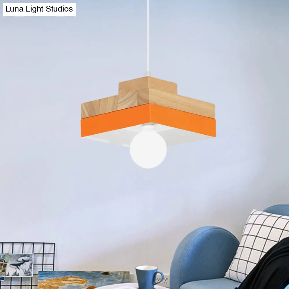 Modern Macaron Down Lighting Metal Ceiling Lamp With Colorful Wood Accents - 1-Light For Living Room