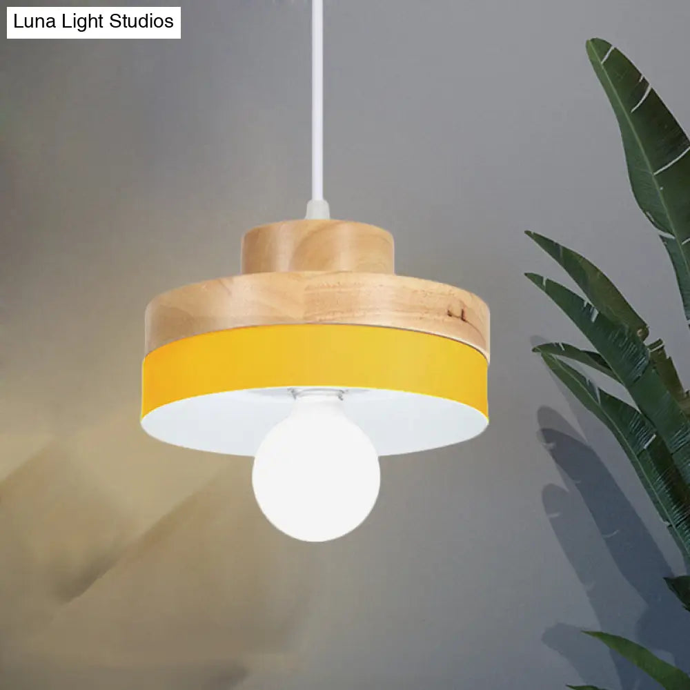 Colorful Macaron Circle/Square Down Lighting Metal Ceiling Lamp With Wood Accent - 1-Light For