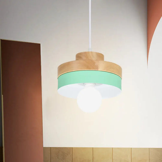 Modern Macaron Down Lighting Metal Ceiling Lamp With Colorful Wood Accents - 1-Light For Living