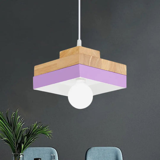 Modern Macaron Down Lighting Metal Ceiling Lamp With Colorful Wood Accents - 1-Light For Living