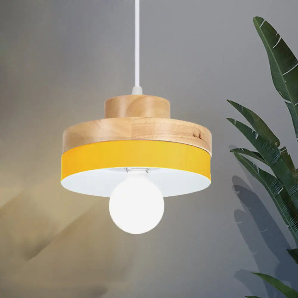 Modern Macaron Down Lighting Metal Ceiling Lamp With Colorful Wood Accents - 1-Light For Living