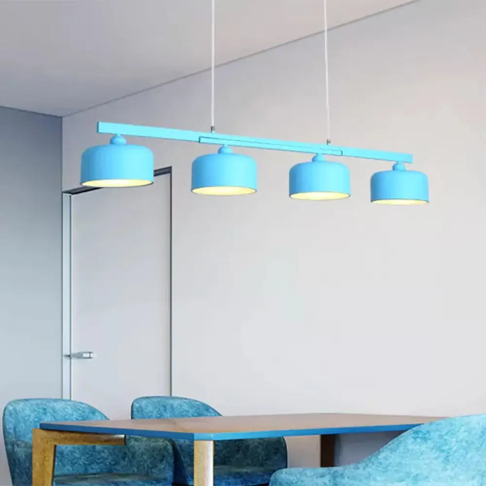 Modern Macaron Drum Chandelier: Metal Ceiling Lamp 4 Lights For Dining Table Blue