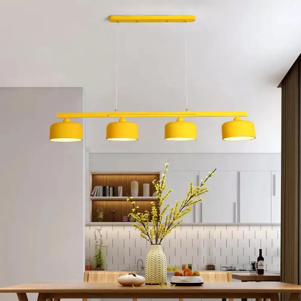 Modern Macaron Drum Chandelier: Metal Ceiling Lamp 4 Lights For Dining Table Yellow