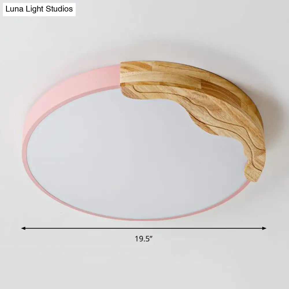 Modern Macaron Style Acrylic Led Ceiling Light With Wooden Deco - Pink Circular Flush Mount Lamp