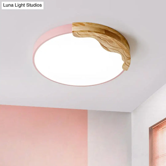 Modern Macaron Style Acrylic Led Ceiling Light With Wooden Deco - Pink Circular Flush Mount Lamp