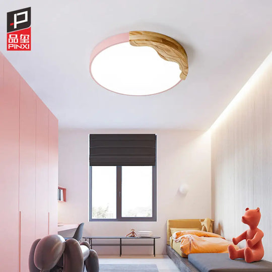 Modern Macaron Style Acrylic Led Ceiling Light With Wooden Deco - Pink Circular Flush Mount Lamp