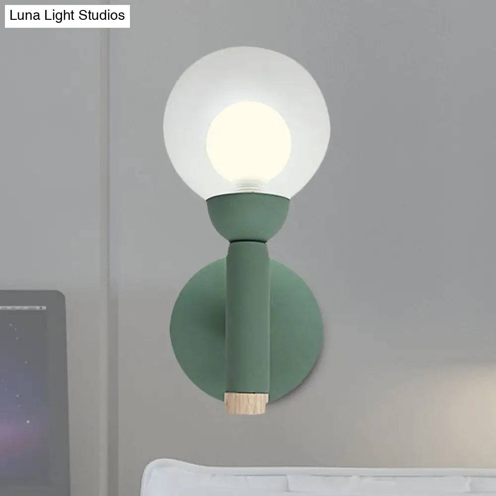 Modern Macaron Style Torch Wall Sconce With Clear Glass Shade - 1 Light Mini In Green/Grey/White