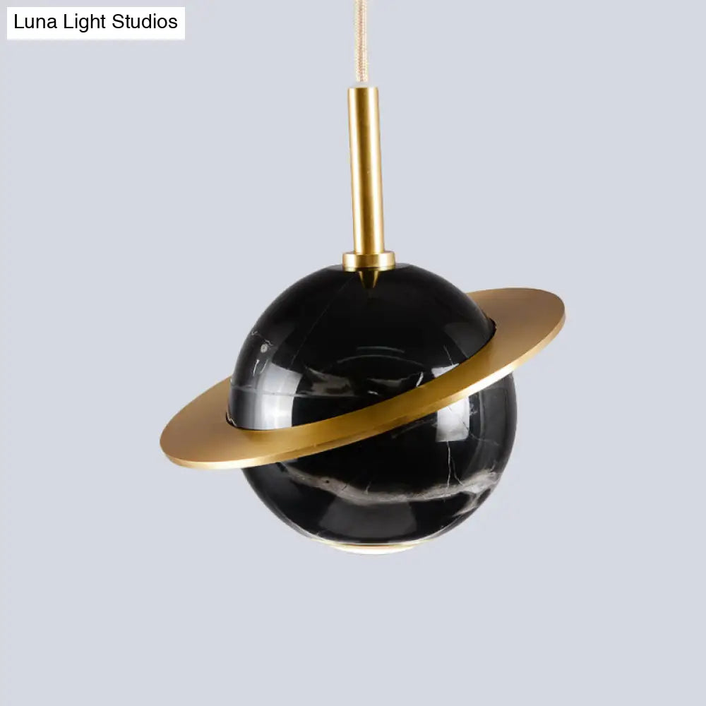 Modern Marble Sphere Ceiling Light: White/Black/Green Led Pendant Lamp With Trapped Ring