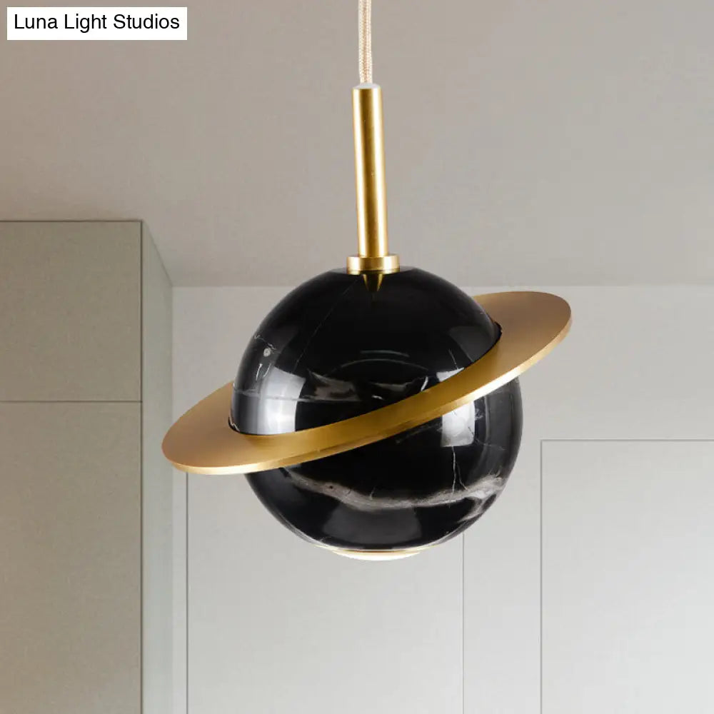 Modern Led Marble Sphere Ceiling Pendant Lamp With Trapped Ring - White/Black/Green Finish