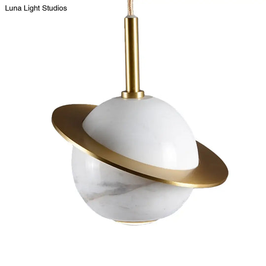 Modern Marble Sphere Ceiling Light: White/Black/Green Led Pendant Lamp With Trapped Ring