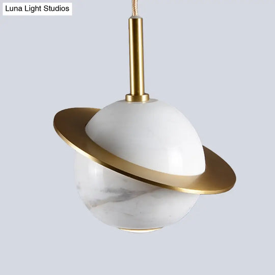 Modern Marble Sphere Ceiling Light: White/Black/Green Led Pendant Lamp With Trapped Ring