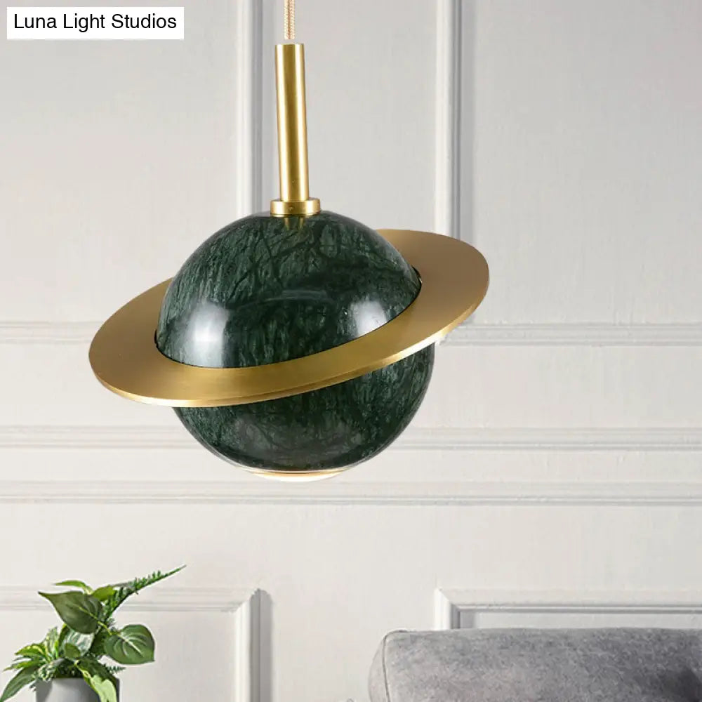 Modern Marble Sphere Ceiling Light: White/Black/Green Led Pendant Lamp With Trapped Ring