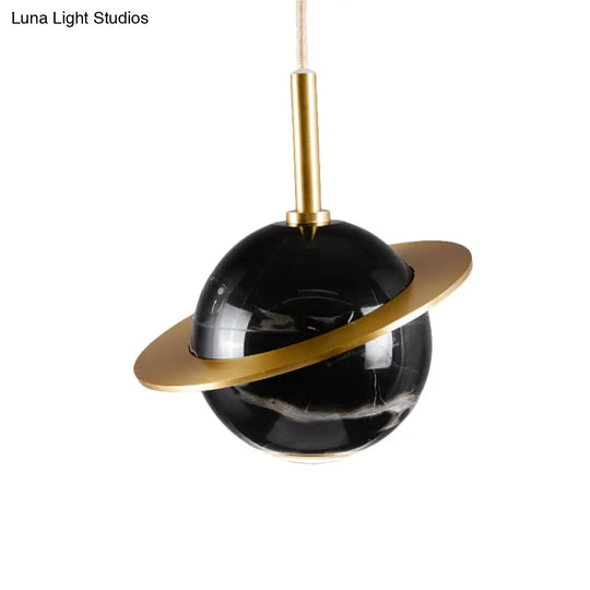 Modern Marble Sphere Ceiling Light: White/Black/Green Led Pendant Lamp With Trapped Ring