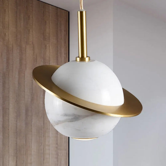 Modern Marble Sphere Ceiling Light: White/Black/Green Led Pendant Lamp With Trapped Ring White