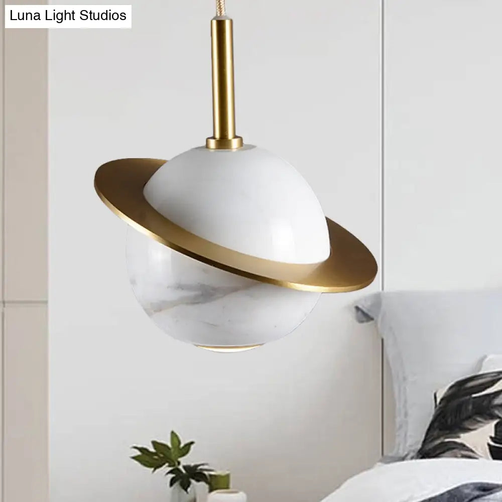 Modern Marble Sphere Ceiling Light: White/Black/Green Led Pendant Lamp With Trapped Ring