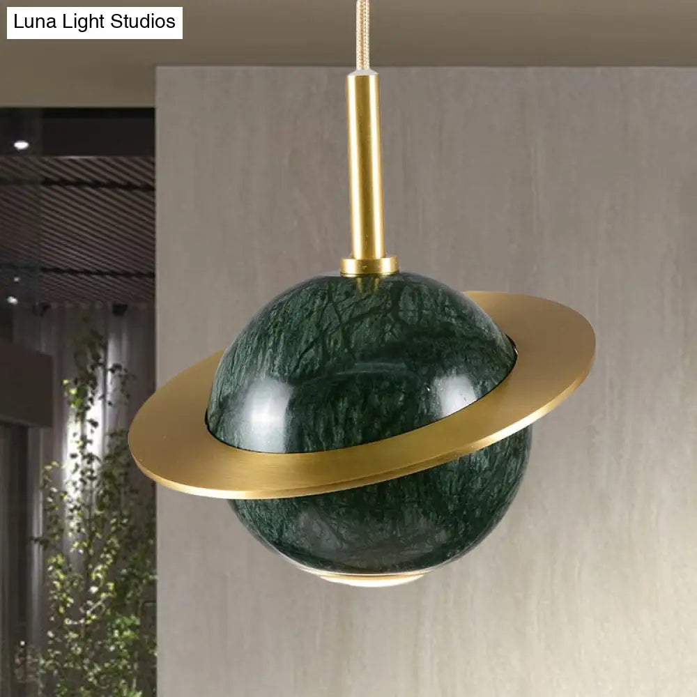 Modern Led Marble Sphere Ceiling Pendant Lamp With Trapped Ring - White/Black/Green Finish Green