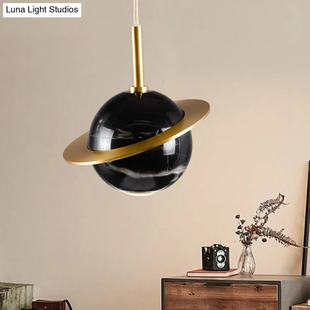 Modern Led Marble Sphere Ceiling Pendant Lamp With Trapped Ring - White/Black/Green Finish Black