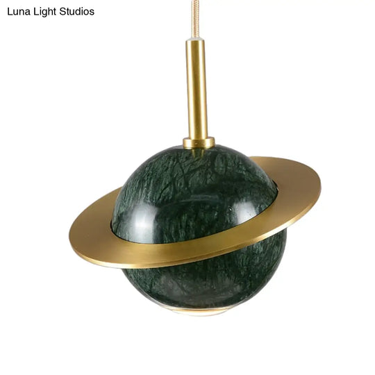 Modern Marble Sphere Ceiling Light: White/Black/Green Led Pendant Lamp With Trapped Ring