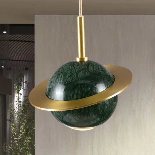 Modern Marble Sphere Ceiling Light: White/Black/Green Led Pendant Lamp With Trapped Ring Green