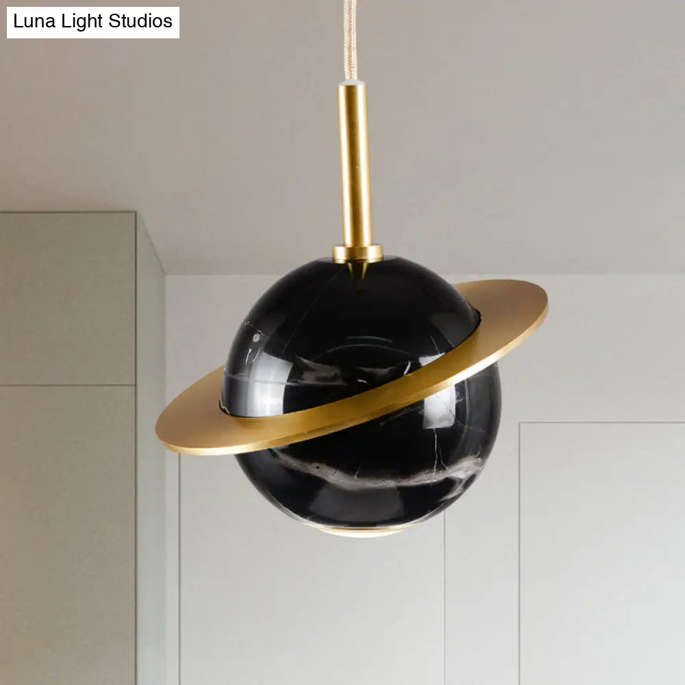 Modern Marble Sphere Ceiling Light: White/Black/Green Led Pendant Lamp With Trapped Ring