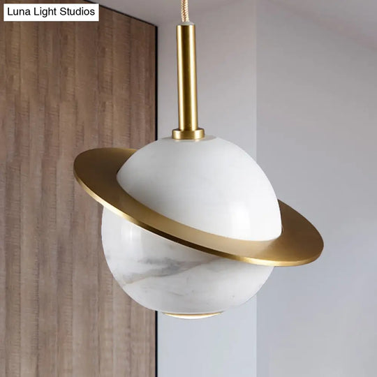 Modern Led Marble Sphere Ceiling Pendant Lamp With Trapped Ring - White/Black/Green Finish White