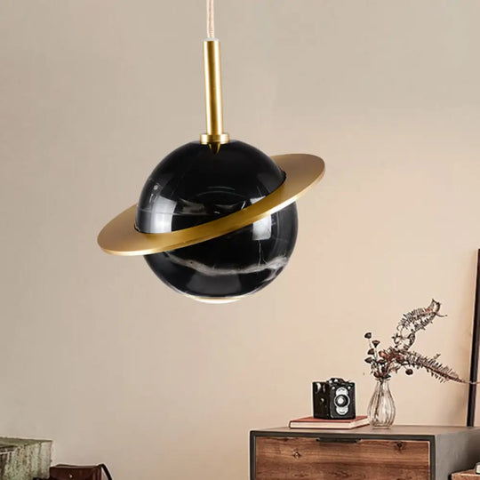 Modern Marble Sphere Ceiling Light: White/Black/Green Led Pendant Lamp With Trapped Ring Black