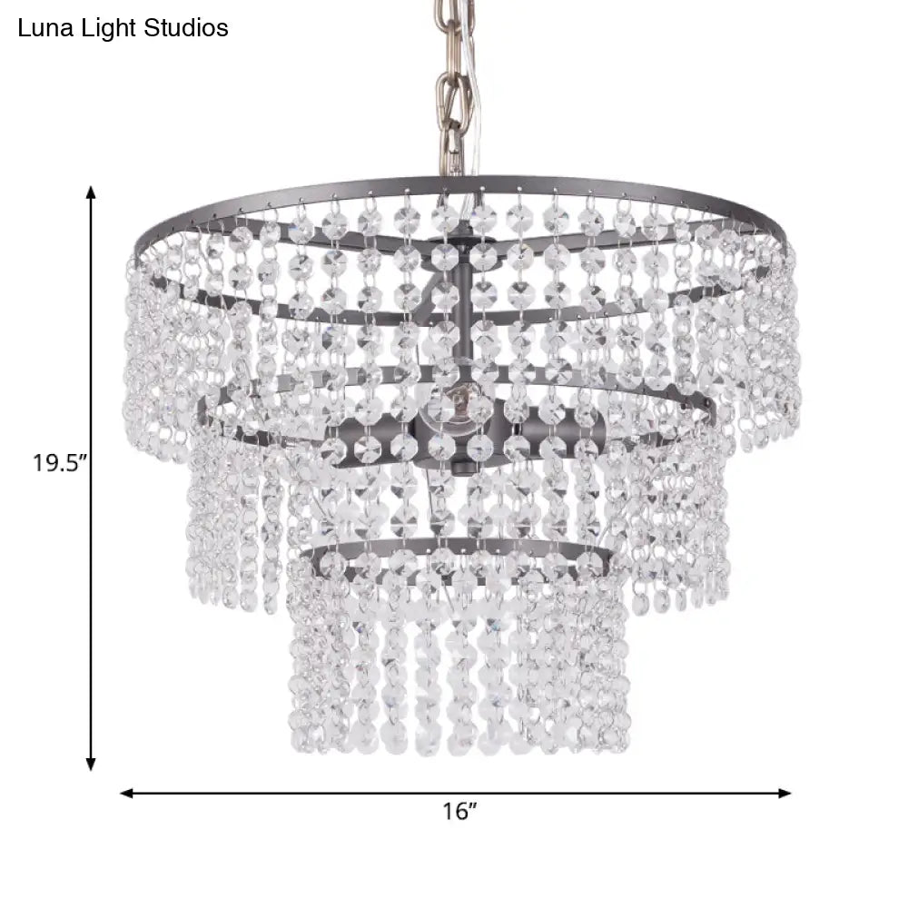 Modern Matte Black 3-Tier Round Hanging Lamp With Clear Crystal Bead Lighting