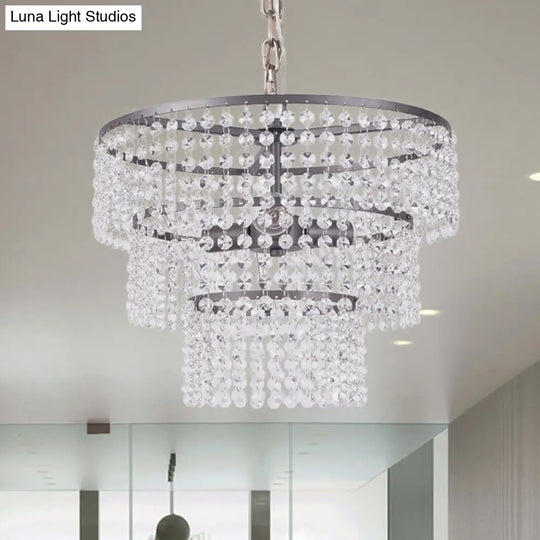 Modern Matte Black 3-Tier Round Hanging Lamp With Clear Crystal Bead Lighting