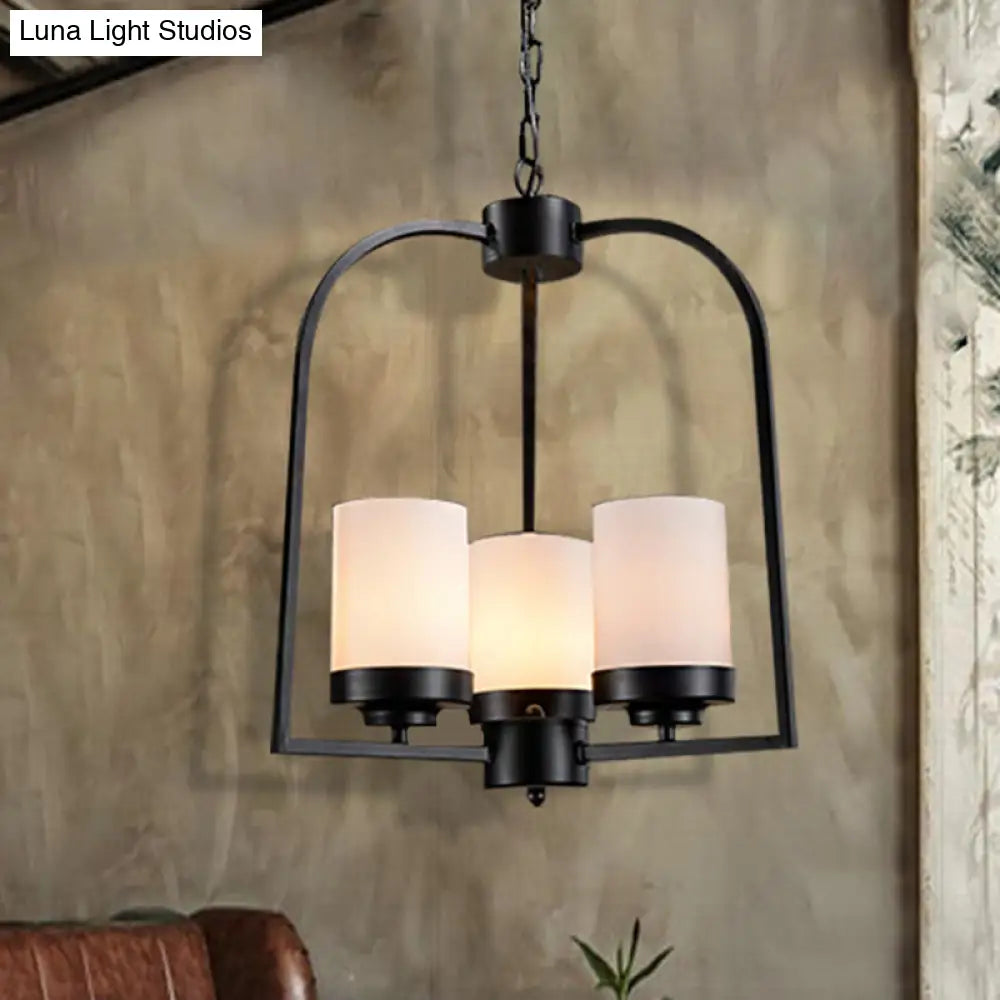 Modern Matte Black Industrial Chandelier With Opal Glass - 3 Light Dining Room Hanging Lamp