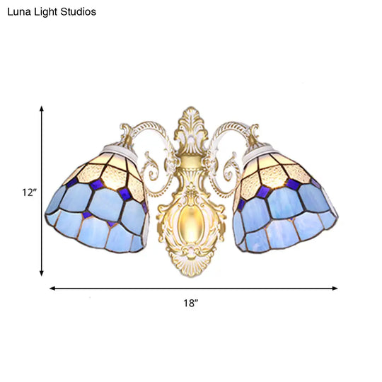 Modern Mediterranean Wall Sconce With Light Blue Glass Shade - 2 Head Mount For Restaurants