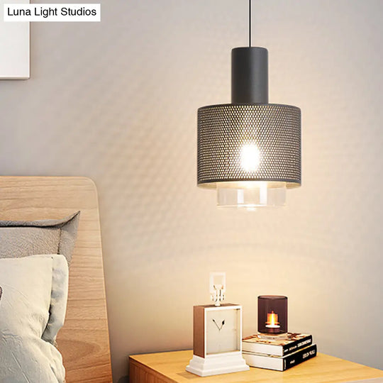 Modern Drum Mesh Pendant Ceiling Lamp With Clear Glass Shade Black Iron 1-Head Bedside Hanging Light