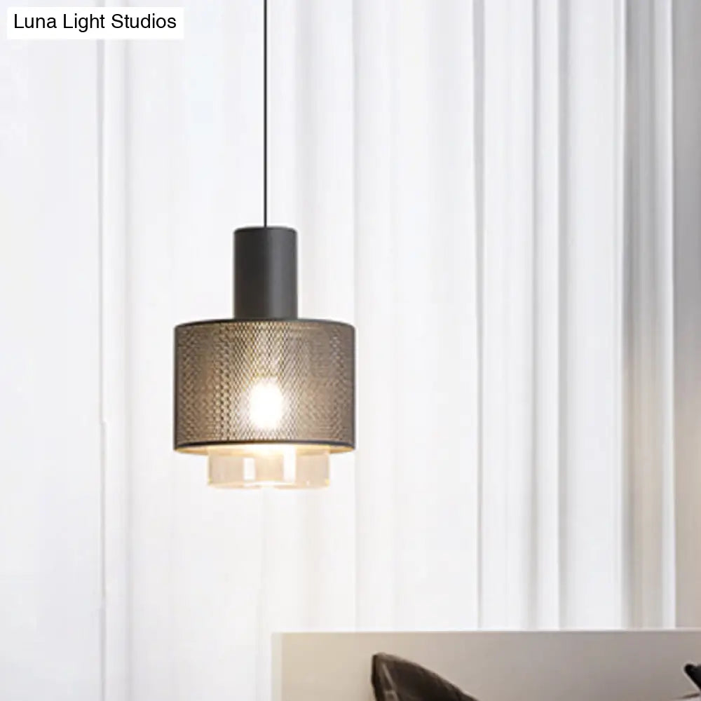 Modern Mesh Drum Pendant Lamp With Clear Glass Shade In Black