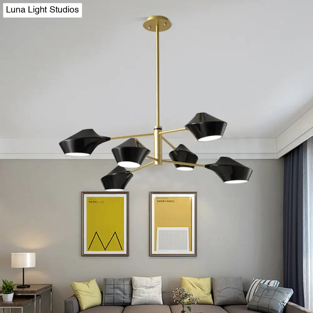 Modern Metal 2-Tier Chandelier With Swivel Shades In Black-Gold/White - 6 Bulb Ceiling Pendant For