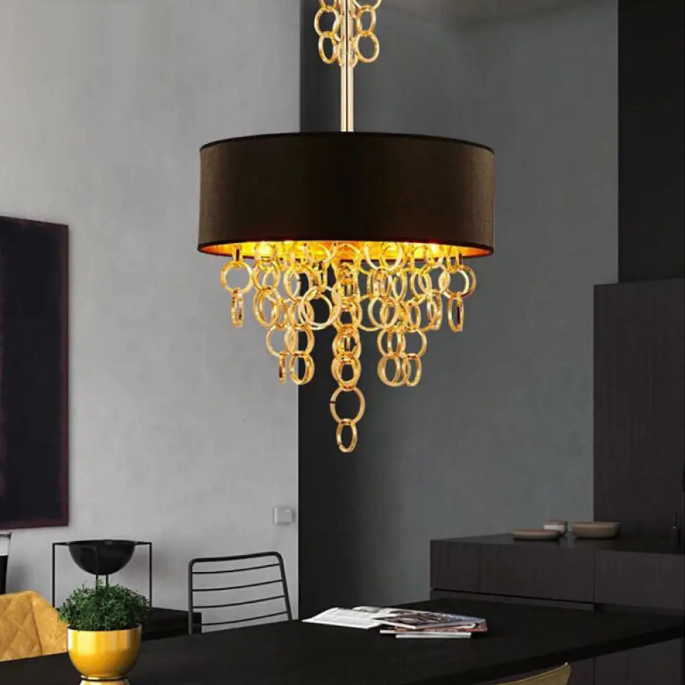 Modern Metal 3-Light Ceiling Chandelier With Multi Rings: Black And Gold Contemporary Pendant