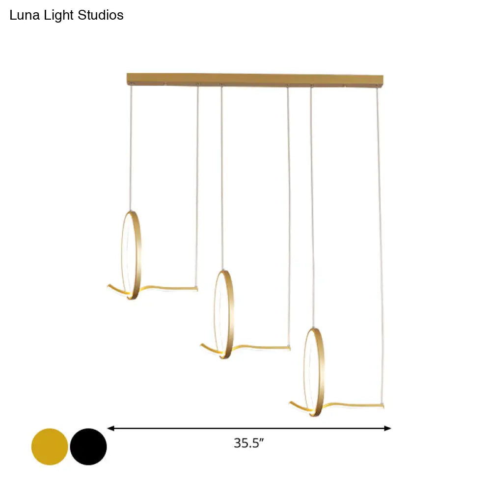Modernist Led Hanging Chandelier Lamp Kit In Black/Gold With Metallic 3-Ringed Design Warm/White