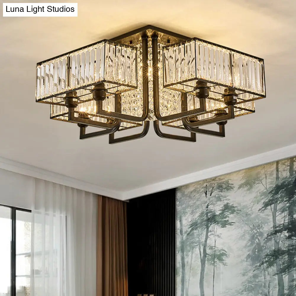 Modern Metal And Clear Crystal Semi Flush Light - Black Cubic Ceiling Mounted Fixture