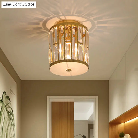 Modern Metal And Crystal Cylinder Flush Mount Light With Gold Ceiling Fixture’ Or ’Gold Light: