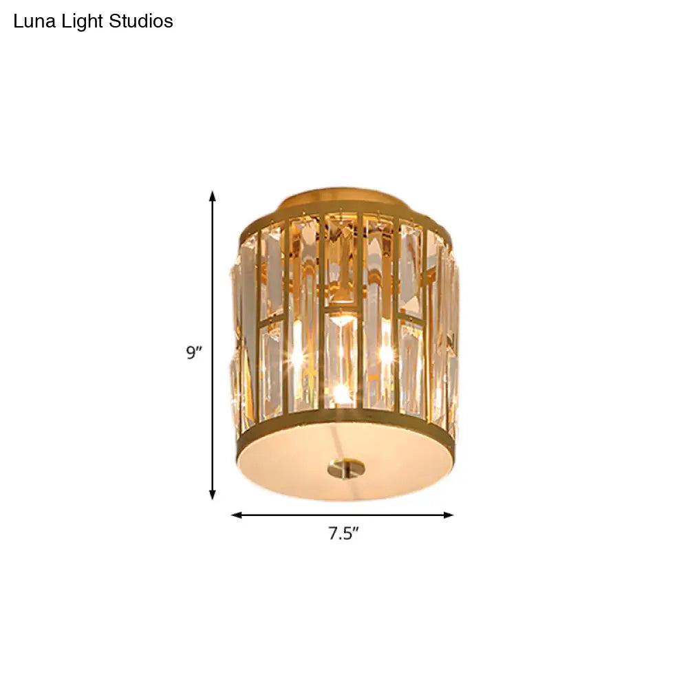 Modern Metal And Crystal Cylinder Flush Mount Light With Gold Ceiling Fixture’ Or ’Gold Light:
