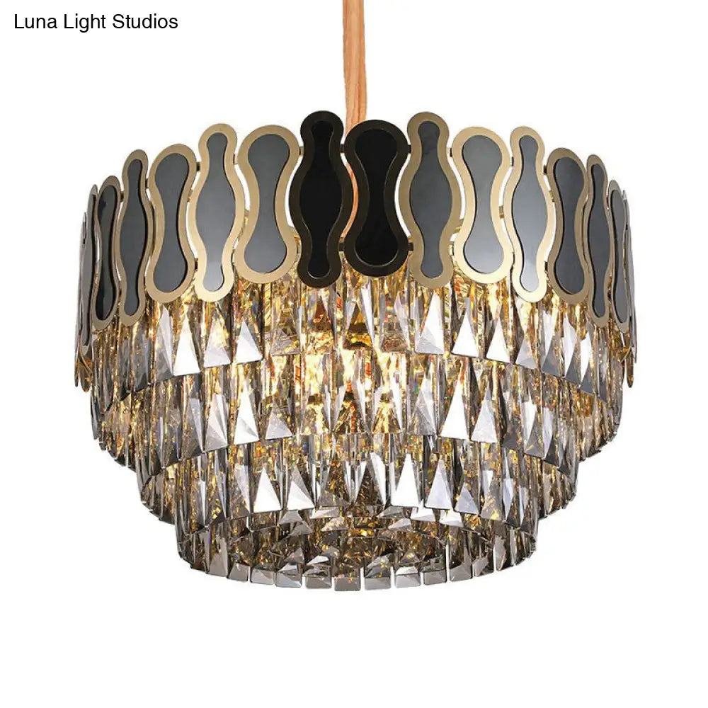 Modern Metal And Crystal Tiered Hanging Light Fixture - 8/11 Lights Black Chandelier 18’/23.5’ Wide