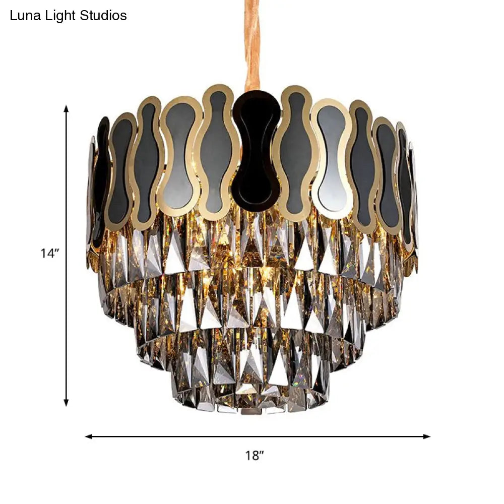 Modern Metal And Crystal Tiered Hanging Light Fixture - 8/11 Lights Black Chandelier 18’/23.5’ Wide