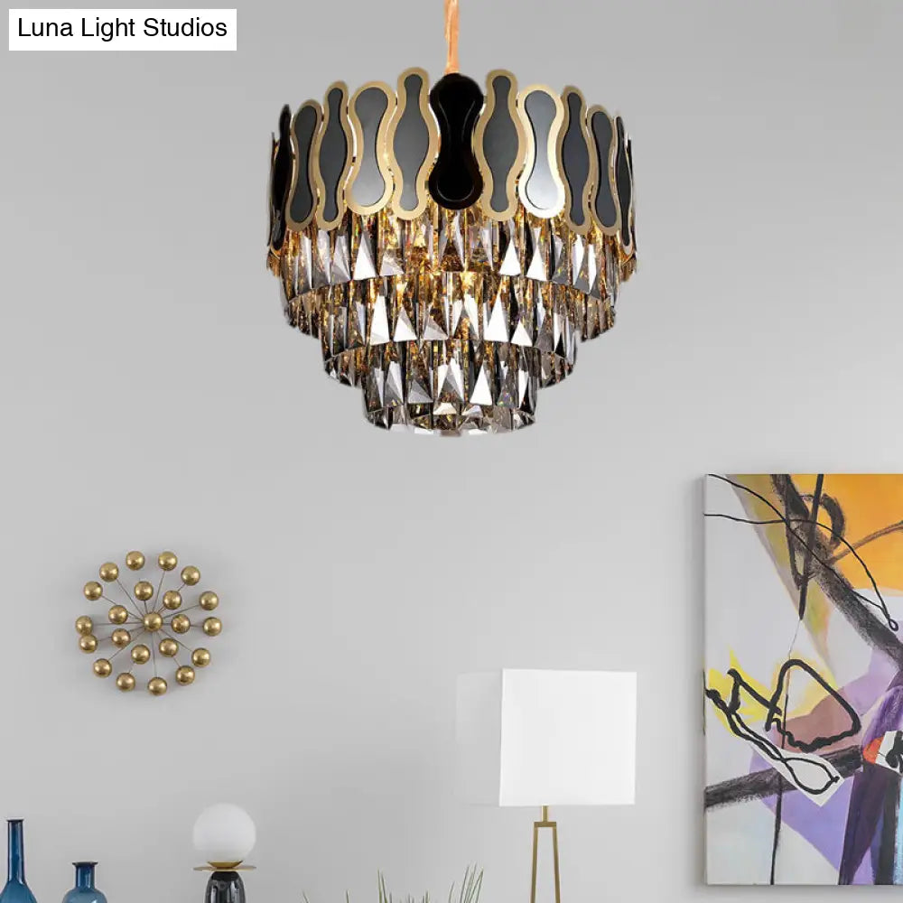 Modern Metal And Crystal Tiered Hanging Light Fixture - 8/11 Lights Black Chandelier 18’/23.5’ Wide