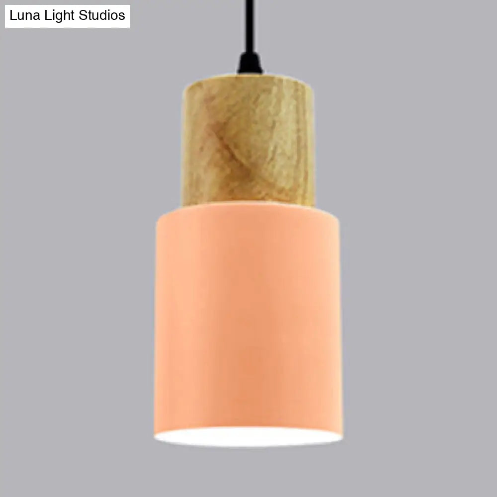 Modern Metal And Wood Pendant Light For Office Or Hallway With 1 Cylindrical Hanging Lamp Pink