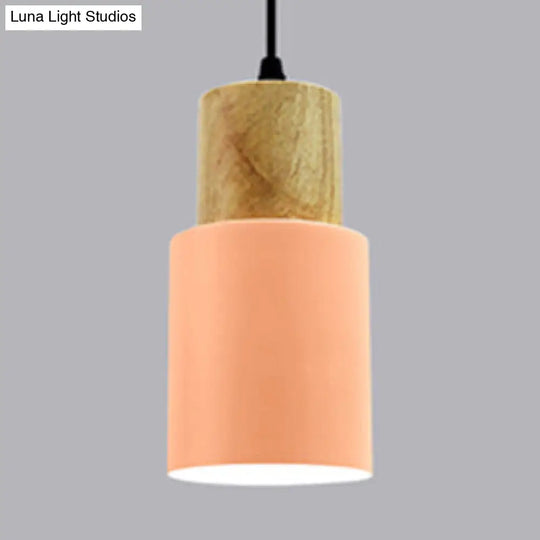 Modern Metal And Wood Pendant Light For Office Or Hallway With 1 Cylindrical Hanging Lamp Pink