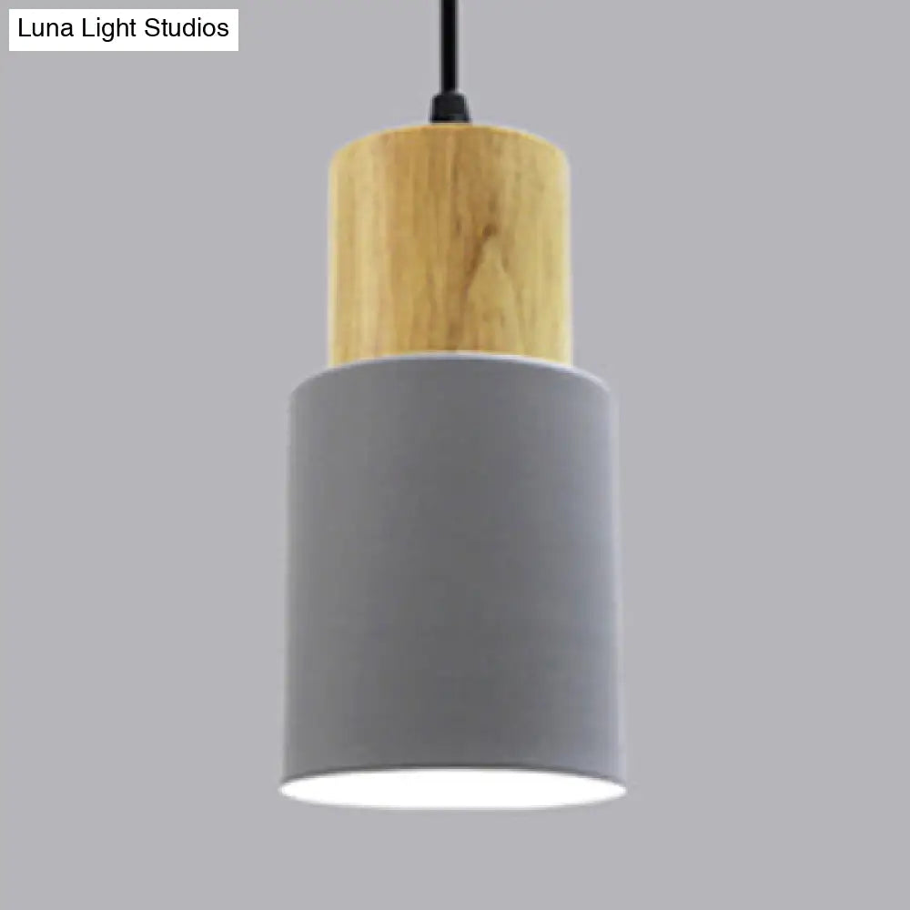 Modern Metal And Wood Pendant Light For Office Or Hallway With 1 Cylindrical Hanging Lamp Grey