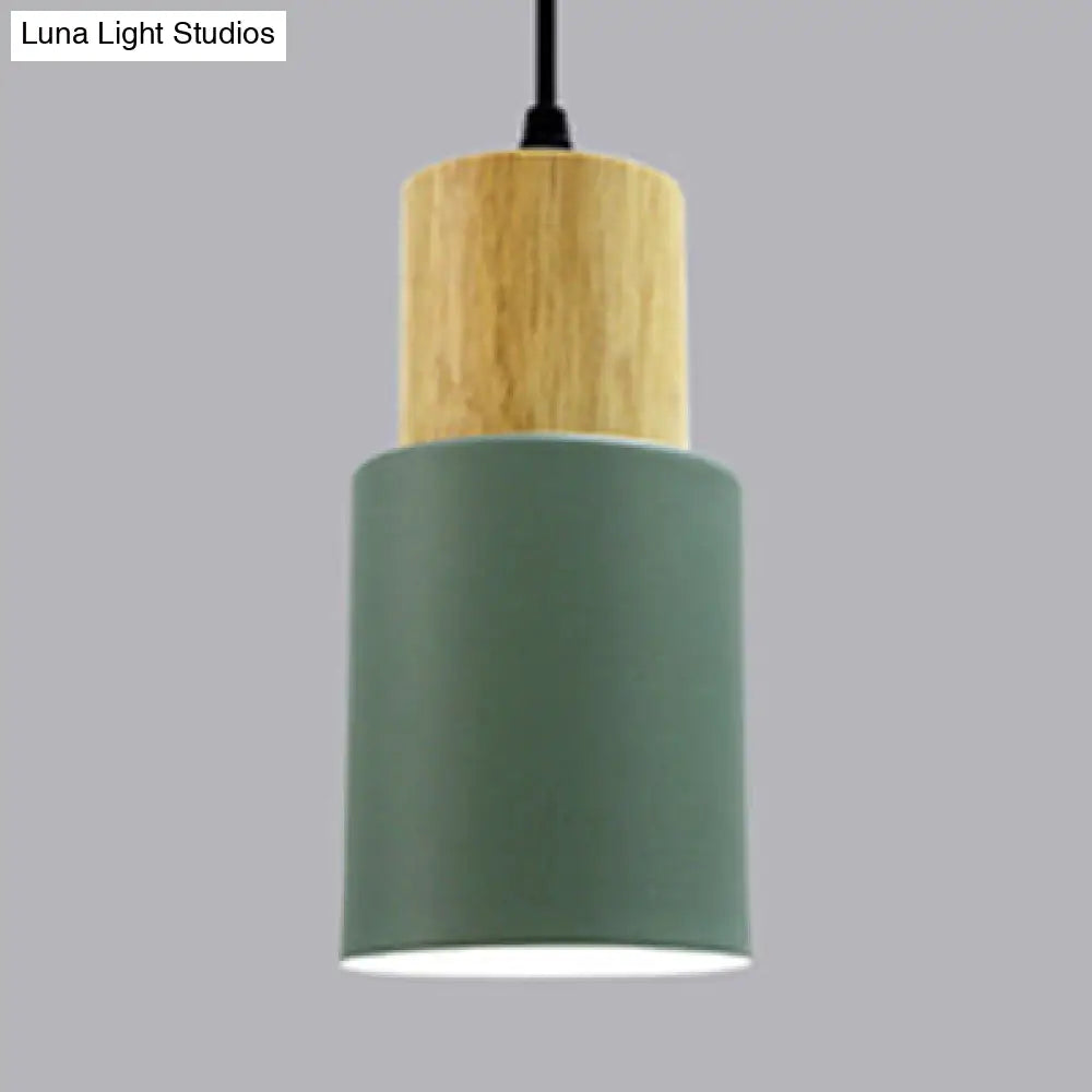 Modern Metal And Wood Pendant Light For Office Or Hallway With 1 Cylindrical Hanging Lamp Green