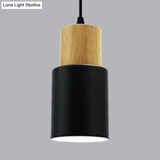 Modern Metal And Wood Pendant Light For Office Or Hallway With 1 Cylindrical Hanging Lamp Black